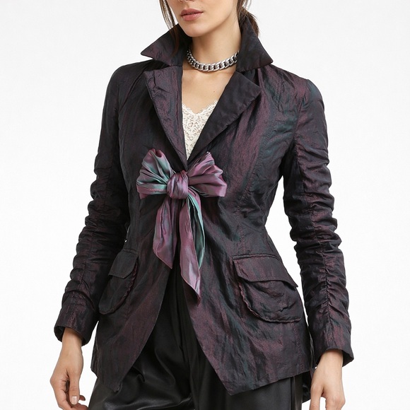 Jackets & Blazers - Event Jacket Shot Taffeta Fabrication Sash Front Elegant Evening Purple Black S